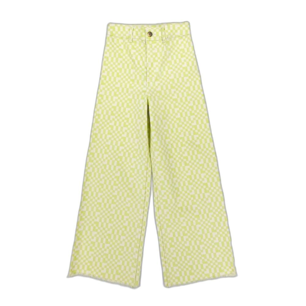 NEW Billabong Free Fall Wide Leg Raw Hem Jeans 90s Y2k Lime Checkered Print 25